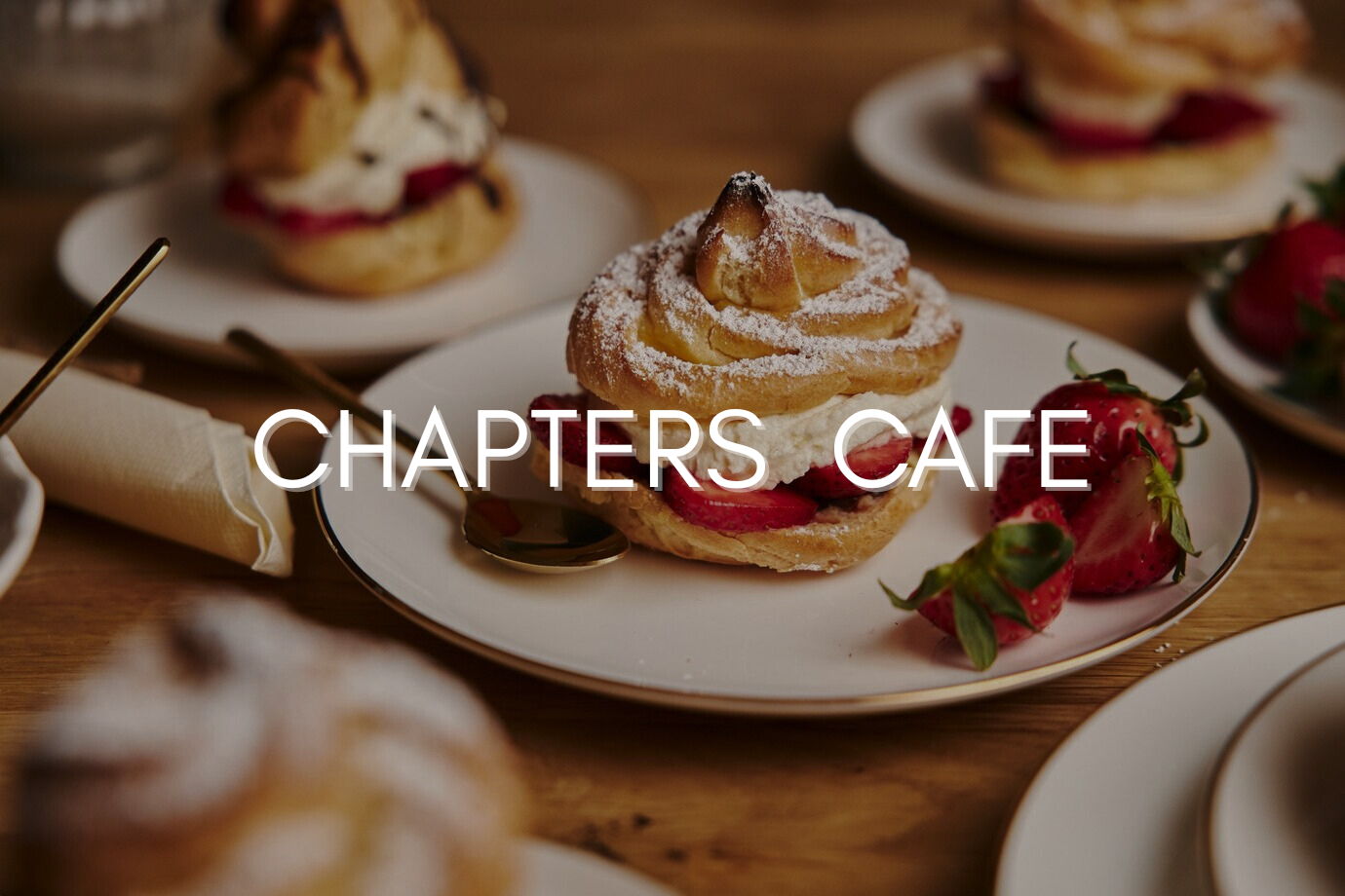 Chapters Cafe website cover image. Merangue cakes.